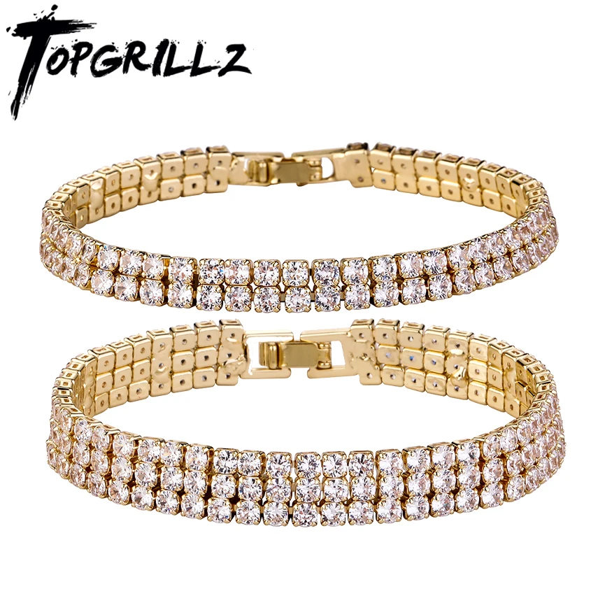 

TOPGRILLZ 3/4MM 2/3Row Classic Micro Tennis Chain Bracelet with New Fold Over Clasp Bling Iced Out CZ Jewelry Gift For Men Women