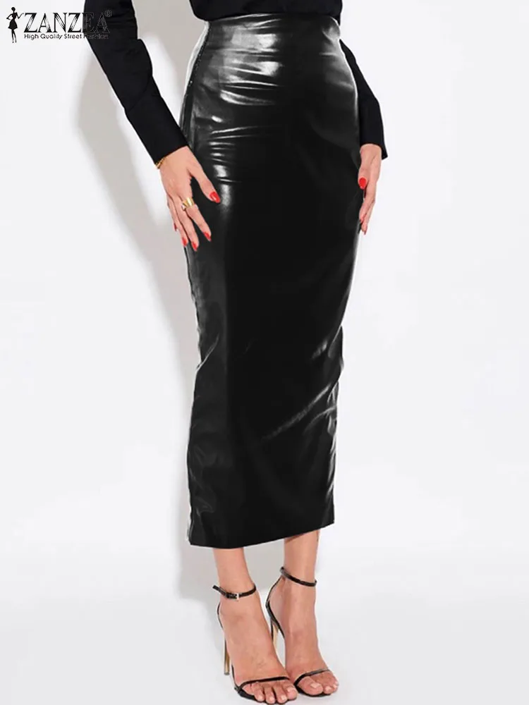 

ZANZEA Women PU Leather Midi Skirts Fashion High Waist Long Jupes Holiday Sold Pleated Silm Faldas Vintage Slit Hem Skirts Femme