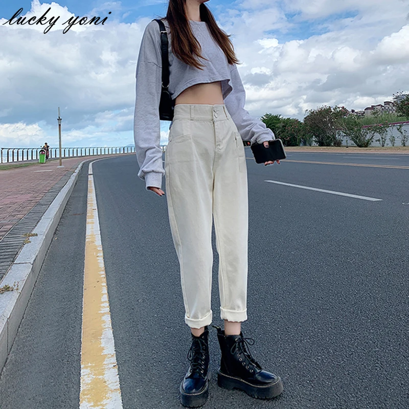 

Yoni Baggy Harem Jeans Women Spring High Waist Casual Straight Pencil Pants Female Trendy All-match Apricot Denim Trousers