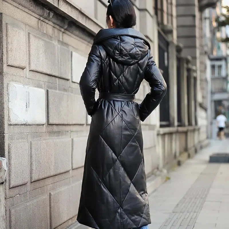 High-End Temperament Leather Down Jacket Women's Winter 2022 New Mid-Length Hooded Parkas Thickened White Duck Down Coat Female