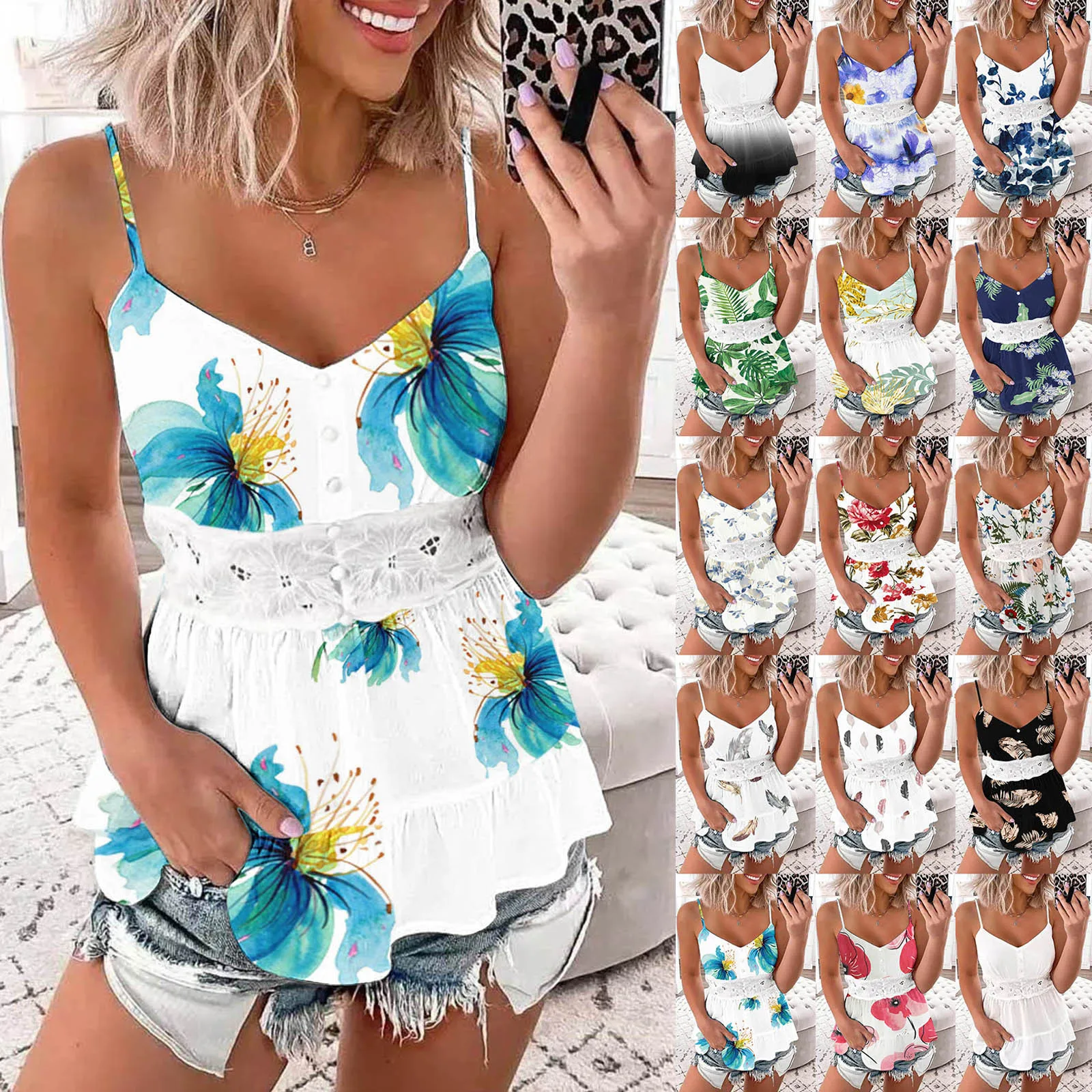 

Женская пляжная кофта на пуговицах, Бежевая длинная кружевная кофта с V-образным вырезом и баской, милая майка без рукавов, топы с баской, бюс...