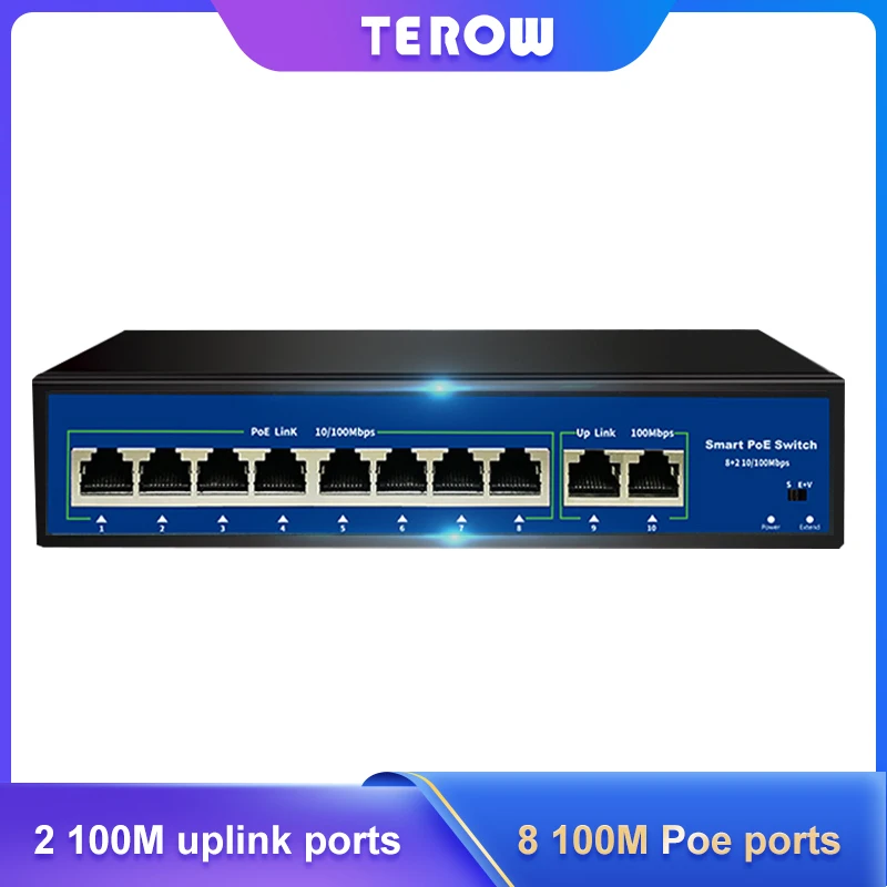 

TEROW 10 Port POE Switch 100Mbps Plug & Play 52V 120W VLAN IEEE 802.3 Af/At Standard Network for Ip Surveillance/CCTV Cameras