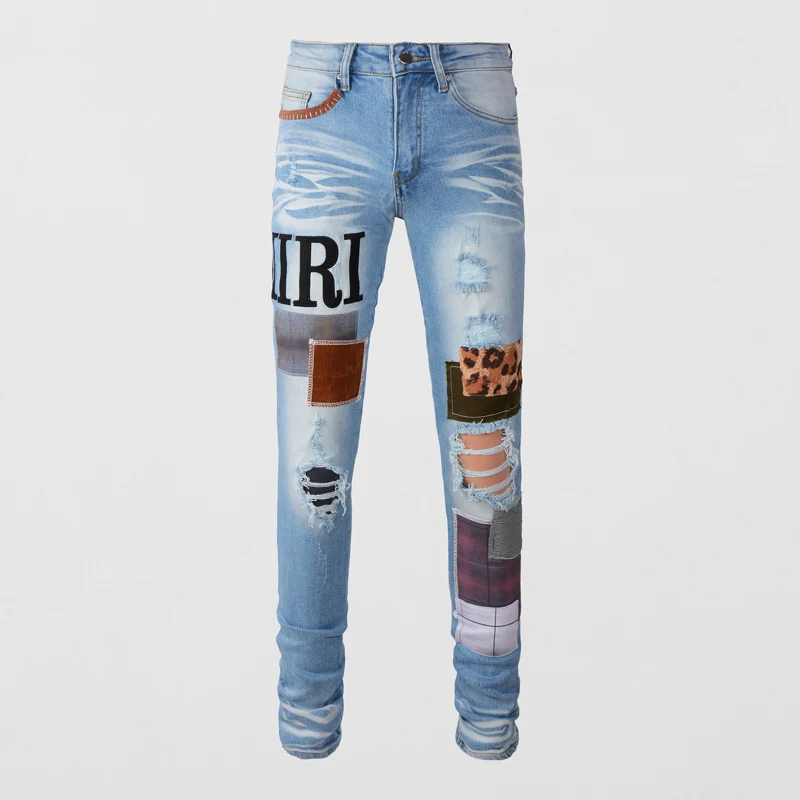 Джинсы мужские Стрейчевые в стиле ретро модные облегающие светло-голубые джинсы