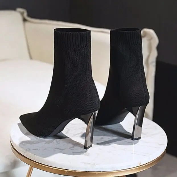New Stretch Knit Boots Women's Autumn Winter Pointed Toe Thick with Middle Tube Pointed Toe Thin Boots High-heeled Ankle Boots