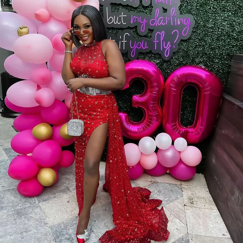 

Red Sequined Halter Prom Dresses Side Split Beading Birthday Party Gown Arabic Aso Ebi Red Luxurious Evening Wears