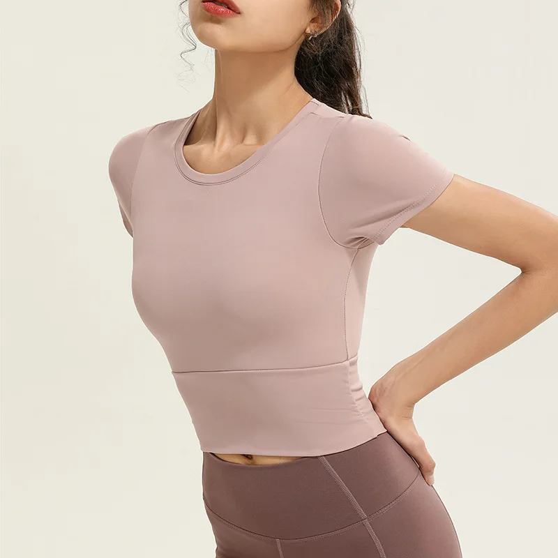 

New Short-Sleeved Yoga Clothes With Chest Pad T-Shirt Women's Tight Elastic Short Navel Running Sports Fitness Top