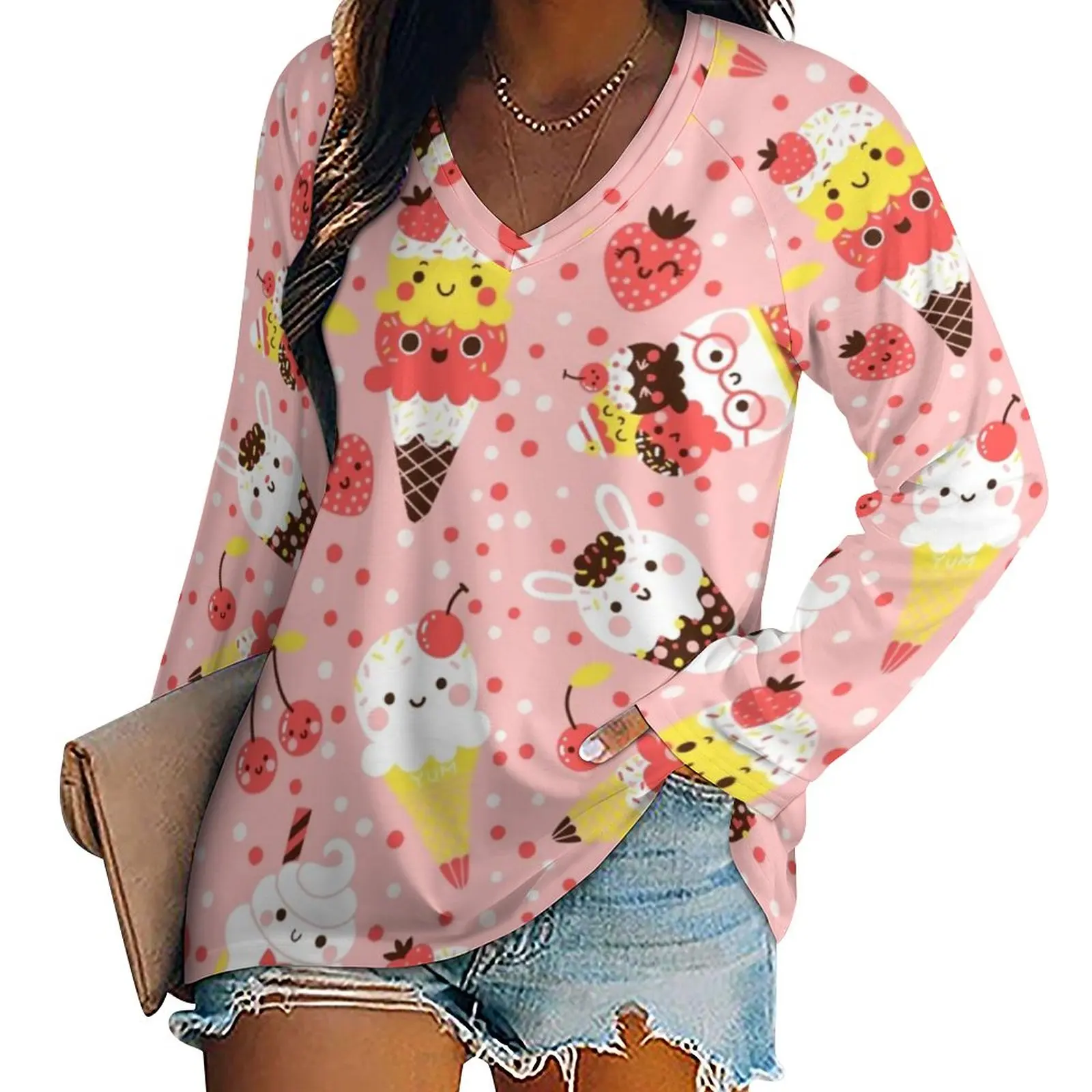 

Женская футболка с длинным рукавом и V-образным вырезом, свободного покроя