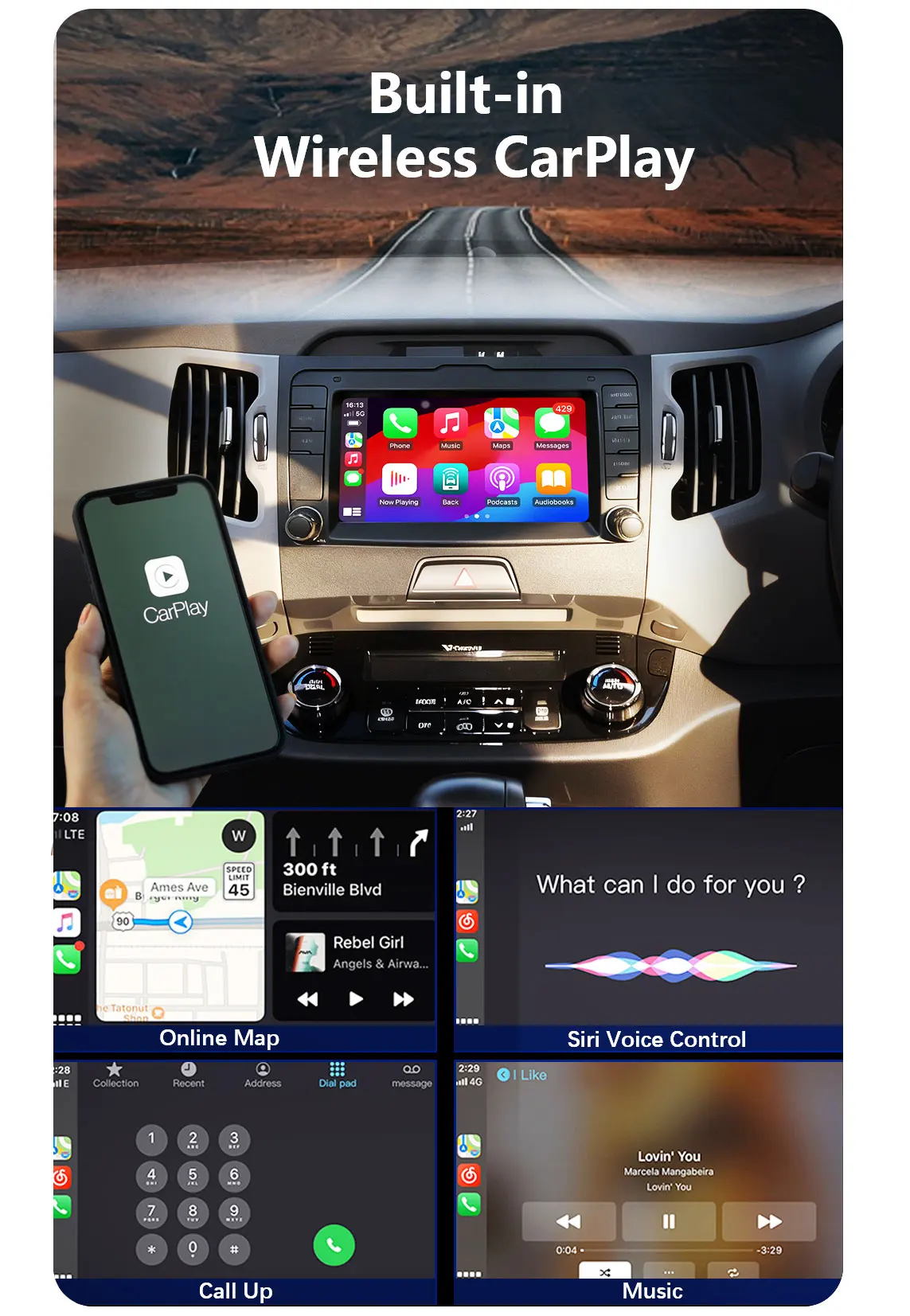 Фото Радиоприемник CHSTEK с беспроводным Carplay для Kia Sportage R 3 SL 2010 2011 2012-2015 2016, автомобильный мультимедийный проигрыватель Android с Wi-Fi, Bluetooth и GPS №5