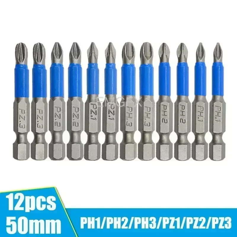 

12 шт., нескользящие наборы отверток PZ1/PZ2/PZ3 для дрели, магнита S2, отвертка из легированной стали, электрическая ударная отвертка 50/25 мм PH1/PH2/PH3