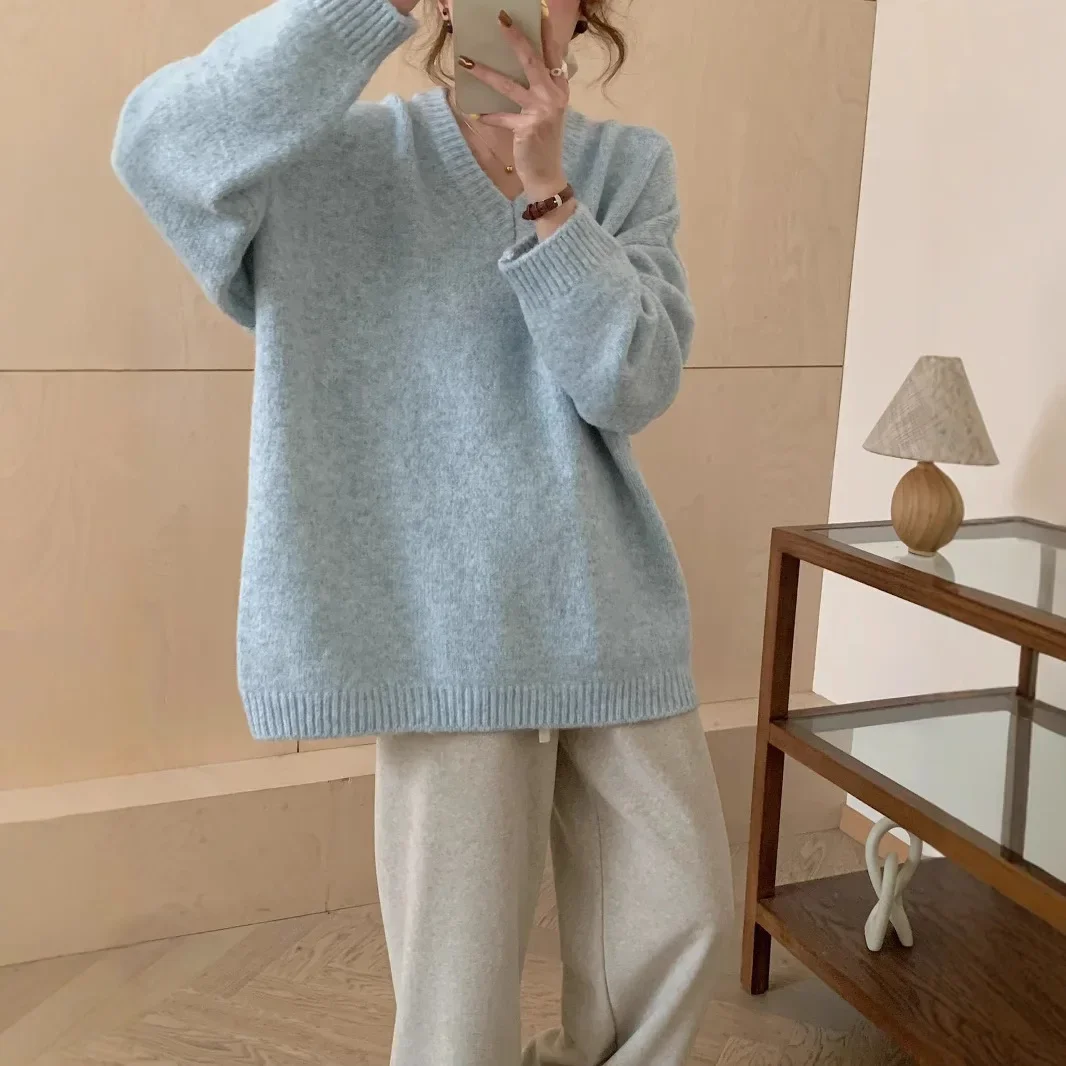 2024 женский зимний свитер с длинными рукавами и v-образным вырезом нежный