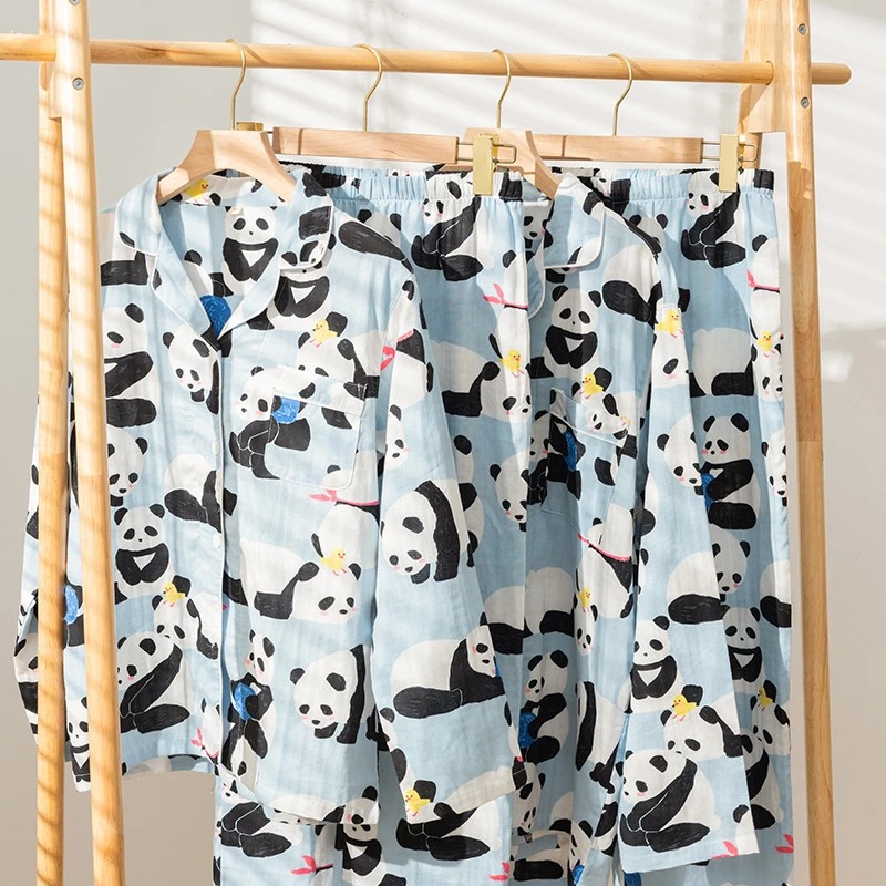 Long Cotton Pajama Suit For Couple Panda Sleepwear Spring Cute Style High Quality Nightgown For Women Men Loose Soft Homewear