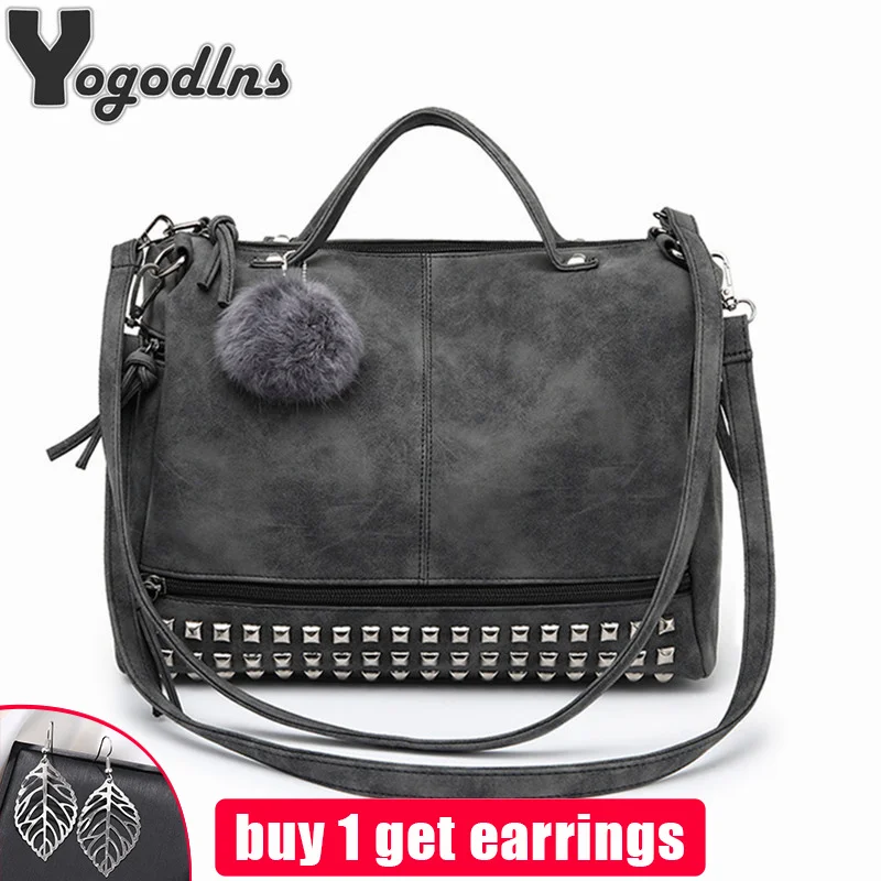 

Hot Vintage Nubuck Leather Female Top-handle Bags Rivet Larger Women Bags Hair Ball Shoulder Bag Motorcycle Messenger Bag