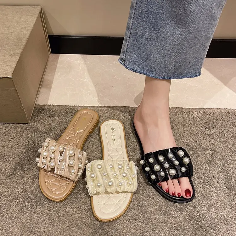 

Slippers Women Summer Shoes Luxury Slides Shale Female Beach String Bead Pantofle Low Designer Sabot 2022 Rome Basic Fabric Hoof