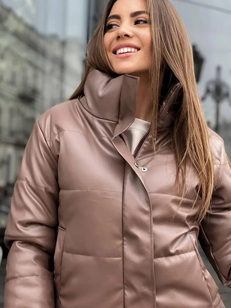 Faux Leather Women Jackets Coats Warm Thickening 2022 Autumn Winter Casual Slim Single Breasted Stand Collar Female Parkas