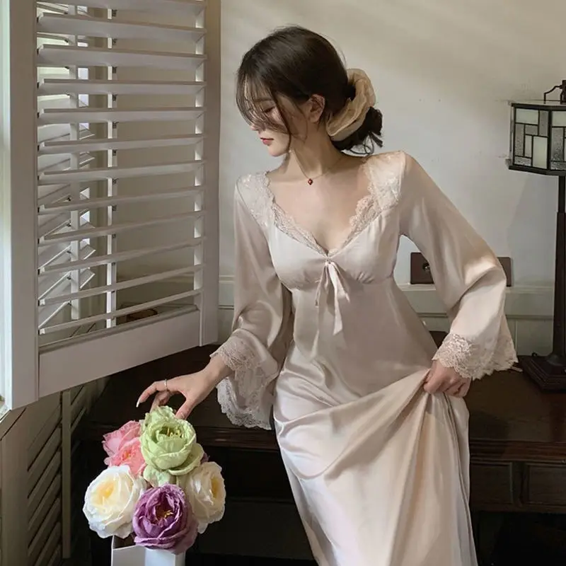 

French Court Style Nightgown Princess V-neck Lace Bow Ankle Long Skirt Fairy Sweet and Elegant Thin Nightgown Long-sleeved Dress