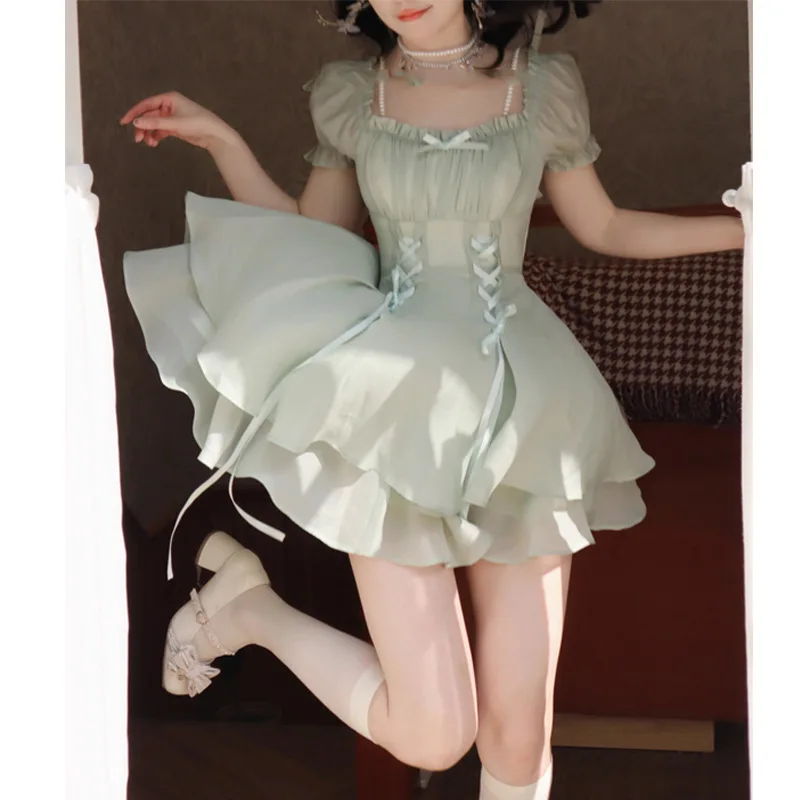 

Square Neck Silk Imitation Chiffon Lace Up Short Dress Fresh And Sweet Sleeveless Miniskirt 2023