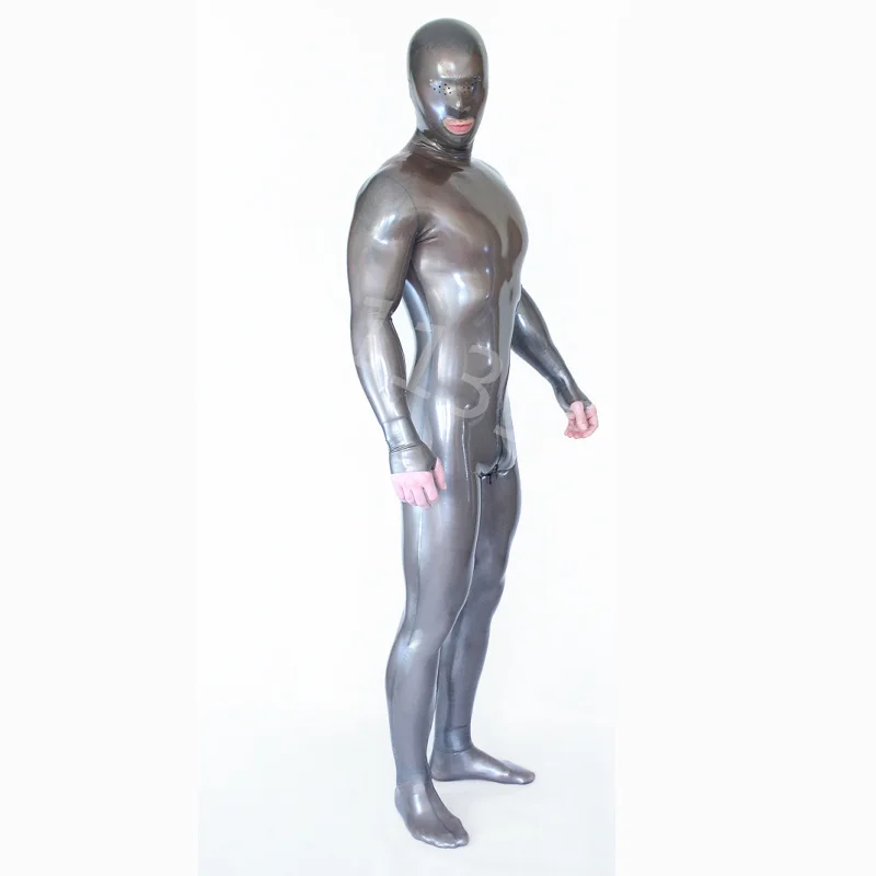 

Sexy Silver Men's Latex Full Body Catsuit Hood Gloves Socks Open Mesh Eyes with Crotch Zipper Latex Bodysuit