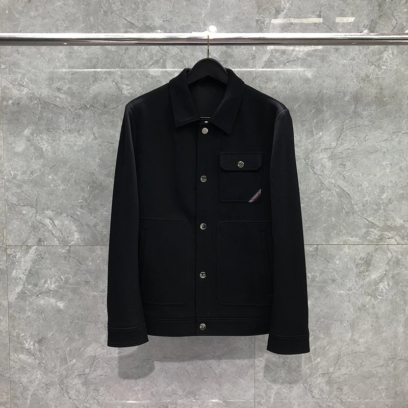 

TB Men's Jacket Black New Autumn Turn-down Collar Coats Korean Fashion Brands High Quality Casual Classic Cotton Button Jackets