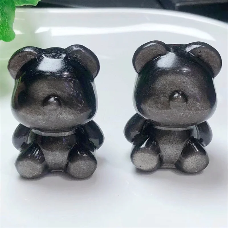

Natural Silver Obsidian Cartoon Bear Statue Handmade Women Crystals And Stones For Gemstone Crystal Lovers Girlfriend 43mm