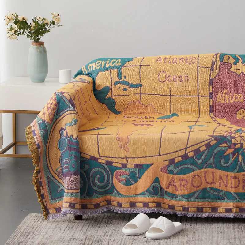

Inyahome World Map Throw Blanket Reversible Bohemian Vintage Knitted Large Fringed Cotton Woven Tapestry Boho Fantasy Rug Cover