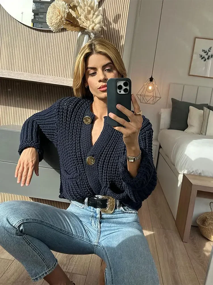 Элегантный однотонный вязаный кардиган с круглым вырезом женская мода
