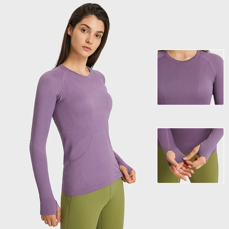 

ABS LOLI Slim Fit Seamless Yoga Long Sleeve Shirts Women Crew Neck Sport T-shirts with Thumb Hole Running Gym Top Autumn Wear