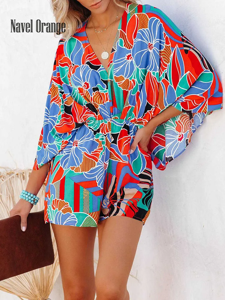

2022 Printing Sweet Batwing Sleeve Women Playsuits Summer Casual Lace-Up Loose Ladies Jumpsuits Deep V-Neck Streetwear Bodysuits