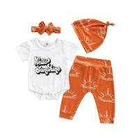 toddler baby clothes 4pcs summer casual set letter print short sleeve bodysuit sun printed pants with beanie hat headband