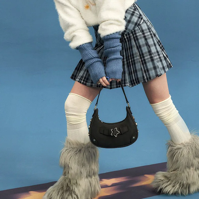 Star Rivet Armpit Bags for Women Denim Purses and Handbags Fashion Designer Shoulder Bag Half Moon Hobo Clutch Ladies Tote Chic