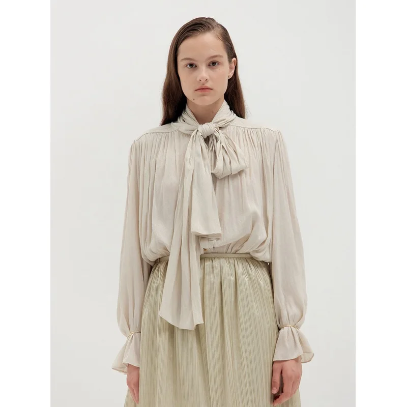 

EENK 2022 Spring Summer Sky Blue Scarf Collar Women Long Sleeve Shirts Korean Fashion Design Drop Shipping