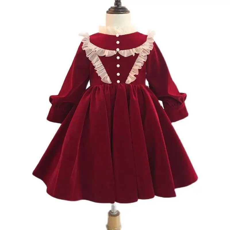 

Big Girl Dresses Autumn Winter Velvet Fleece Thicken Warm Button Lace Red Princess Party Christmas Kids Children's Clothing New