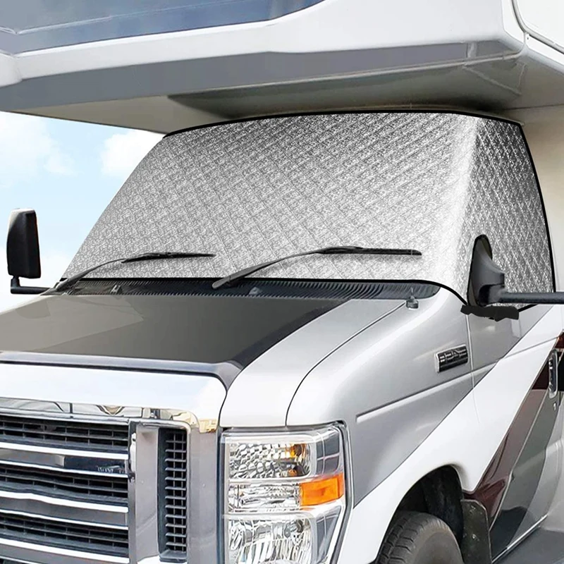 

RV Windshield Sunshade Cover, for Class C Ford 1997-2021 Motorhome Windshield Snow Cover 4 Layers with Mirror Cutouts