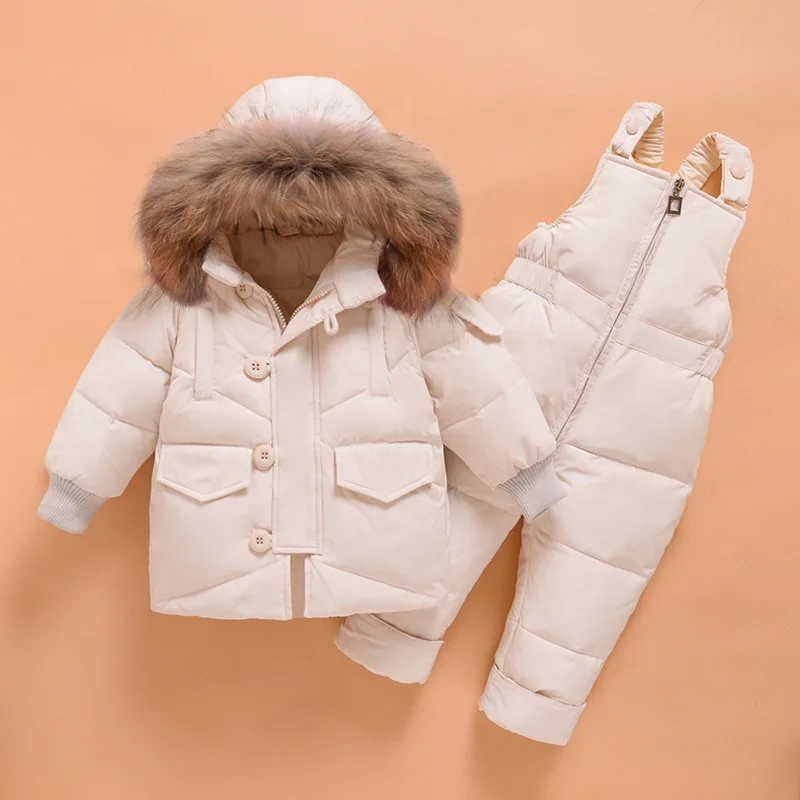 

Ircomll Winter Children Clothing Set for Infant Boys Girls Parka Snow wear White Duck Down Jacket+Jumpsuit Real Fur Hood Coat