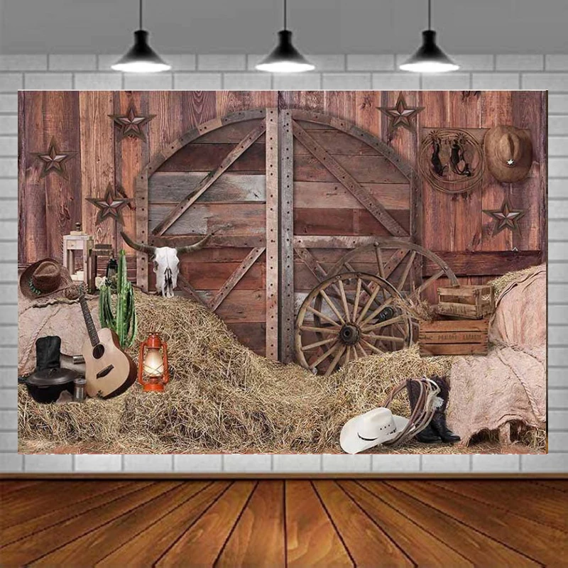 

Western Cowboy Photography Backdrop Rustic Wood Farmhouse Wild West Barn Door Photo Kids Boy Birthday Baby Shower Background