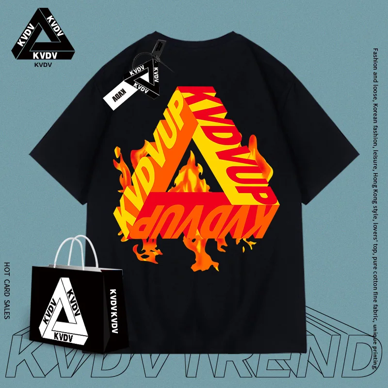 

Fashion Trendy Brand Men's T-shirt Flame Printing Short-sleeved 2022 Summer New Harajuku Loose Oversized Men Women Couples Tee