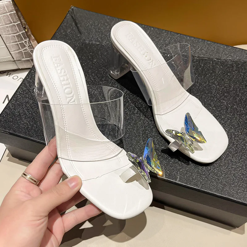 

Butterfly Transparent Band Flip Flops Women Crystal Heels Slippers 2022 Summer Lady Sexy Thick High Heel Square Toe Fairy Sandal