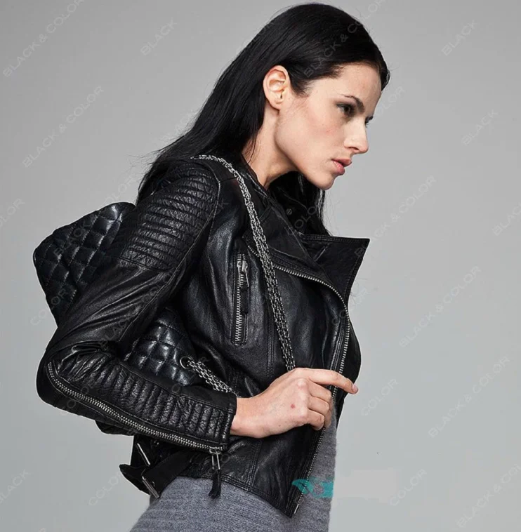 High Quality Real Leather Motorcycle Biker Women Jacket Genuine Sheepskin Coat Slim Fit Spring Autumn Fashion Short Style Jacket