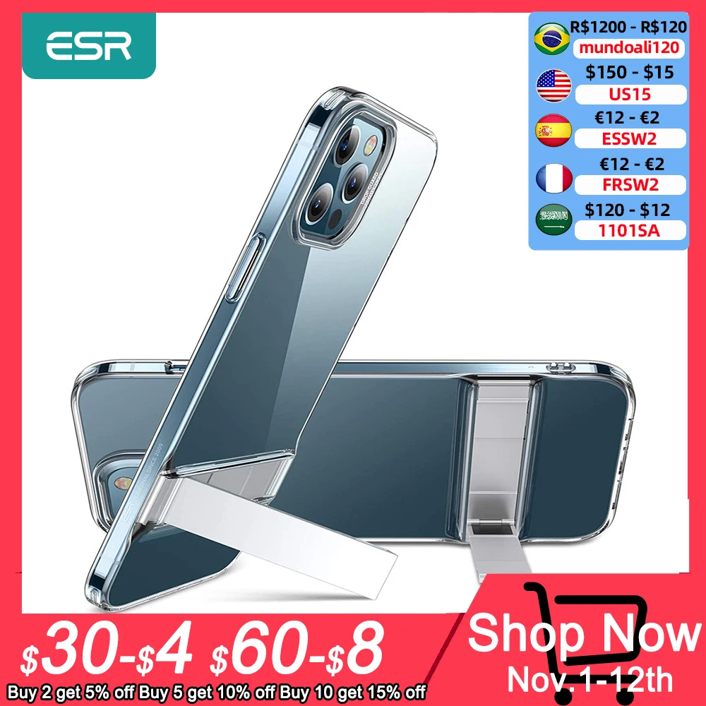 ESR for iPhone 13 12 Pro Max Case Clear Metal Kickstand Back Cover Holder Black for iPhone SE3 SE 8 7 Case iPhone 13 Pro mini