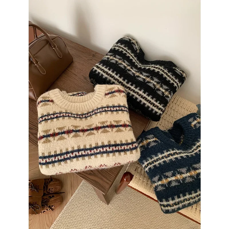 THINK 13-рядный жаккардовый свитер в корейском стиле с цветными блоками женский