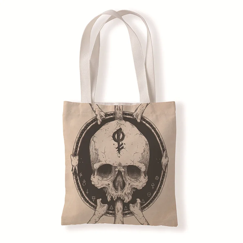 

DICHOS Women's Canvas Handbags large capacity horror skull print Colorful Shoulder Bag Eco Reusable retro Shopping Bag