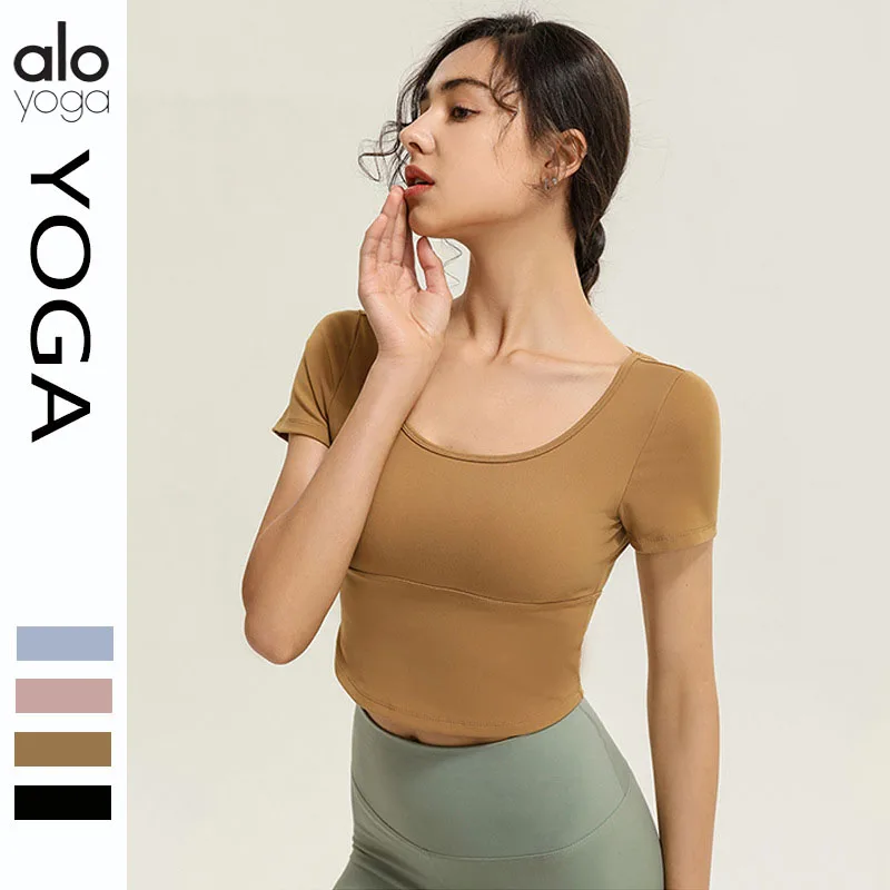 

Alo yoga top sexy cross beauty back backless short sleeve with chest pad slimming thin fitness yoga T-shirt