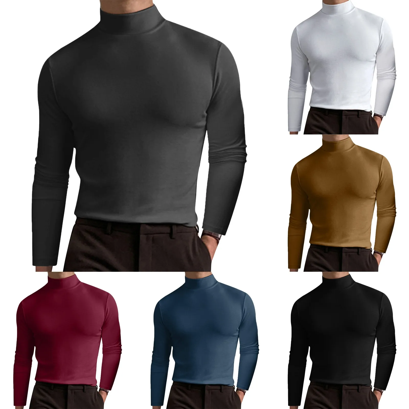 

Мужская осенне-зимняя Однотонная футболка с высоким воротником и длинным рукавом, удобная эстетичная мужская одежда