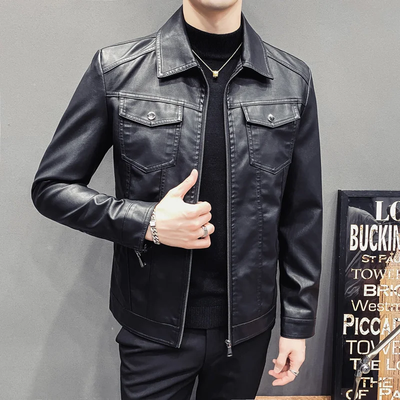 

Autumn and Winter New Quilted Casual Leather Jacket Men's Motorcycle Jacket Lapel Men's PU Leather Jacket