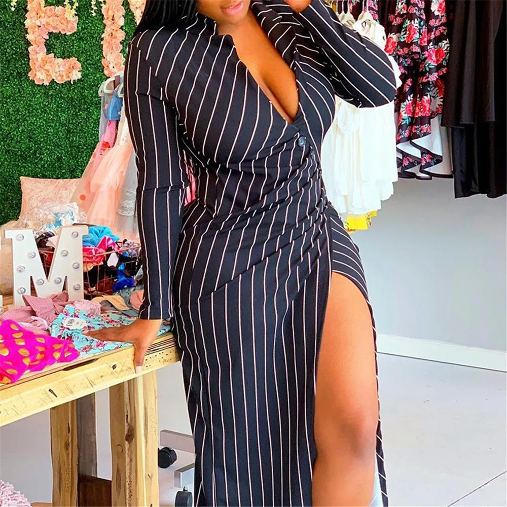 

Dress Temperament Commuter African New Striped V-neck High Slit Dress Autumn Spring New Fashion Party Dresses Female Clothing