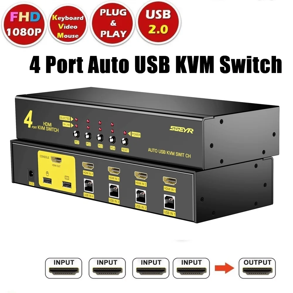 4 порта HDMI KVM переключатель, SGEYR 4x1 USB 2,0 HDMI KVM переключатель клавиатуры мыши K/M переключатель управления 4 компьютера Поддержка 1080P 3D