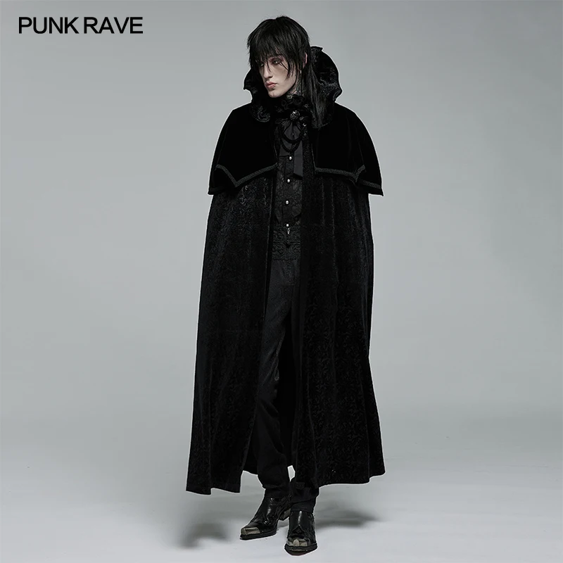 

PUNK RAVE Men's Gothic Mysterious Dark Noble Night Cloak Weft Velvet & Jacquard Long Cloak Men Neckline Simulated Red Gemstones