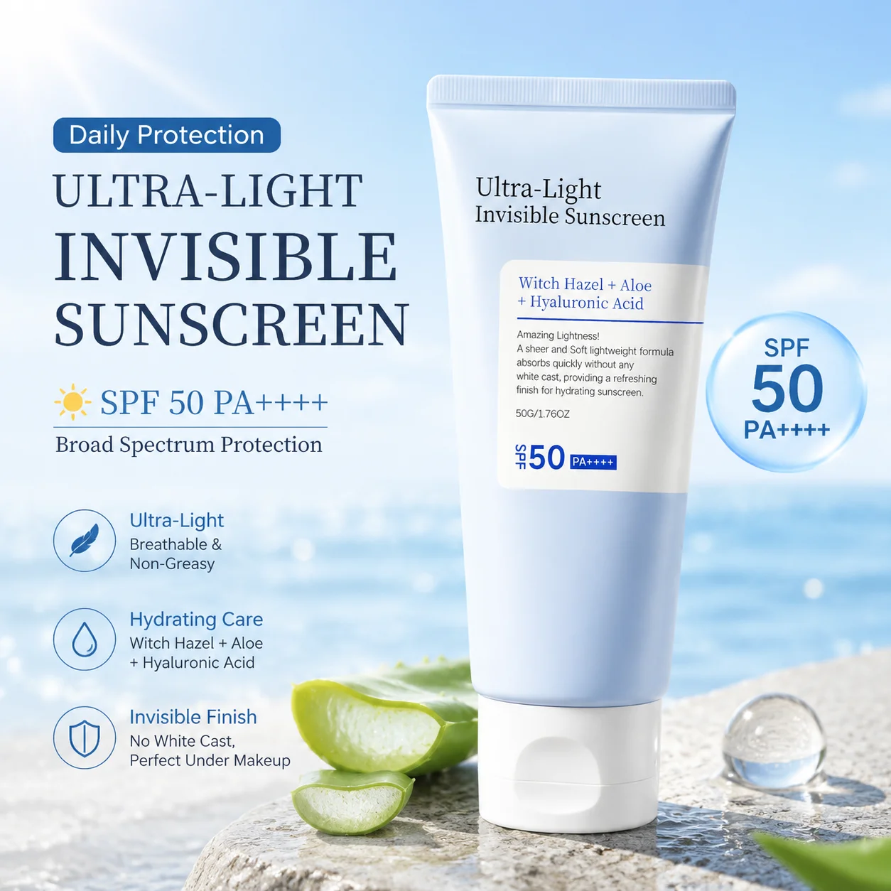Фото Ультралегкий невидимый солнцезащитный крем SPF 50 с высокой степенью защиты от солнца, увлажняющий, легкий, антиоксидантный лосьон для всех типов кожи. №1
