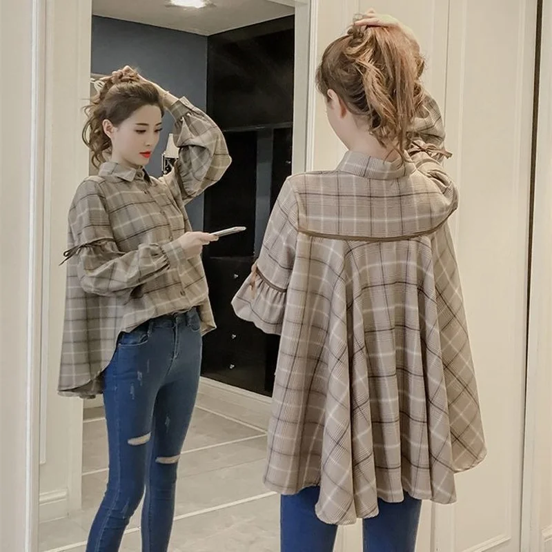 

2022 Women Blouses Turn-down Collar Spring Shirts Plaid All-match BF Batwing-sleeve Loose Outwear Harajuku Female Chic J180