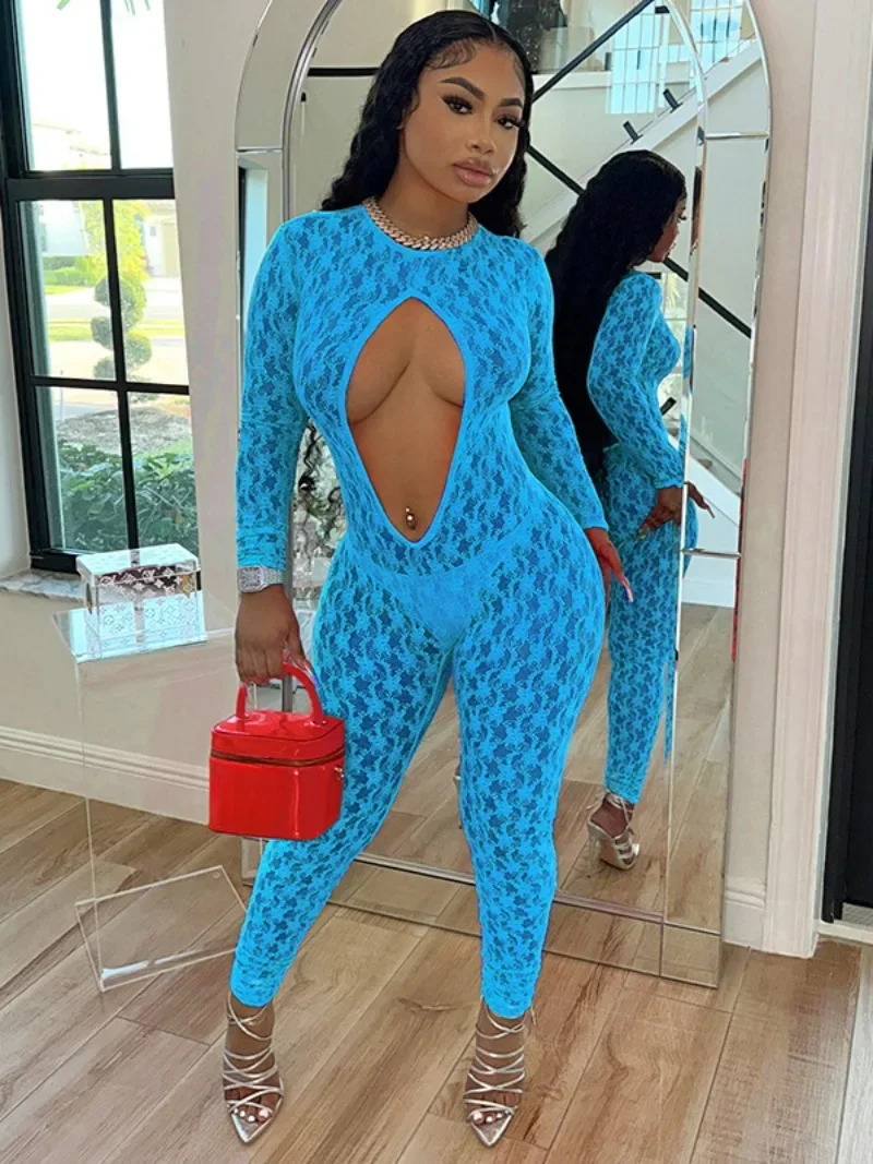 Сексуальные прозрачные кружевные комбинезоны с круглым вырезом и длинными