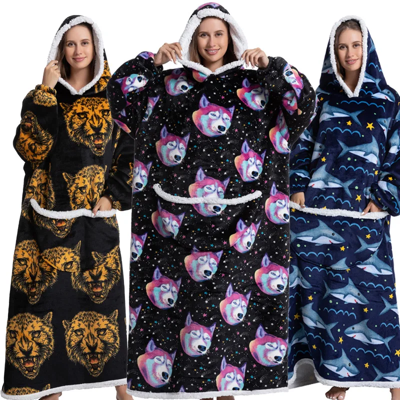 

Oversized Hoodies Sweatshirt Luxury Winter Cute Cartoon Penguin Super Long Hooded Blanket Flannel Giant Lazy TV Blanket Pajamas
